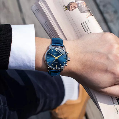 Montre Bleu avec Bracelet en Cuir Décontracté