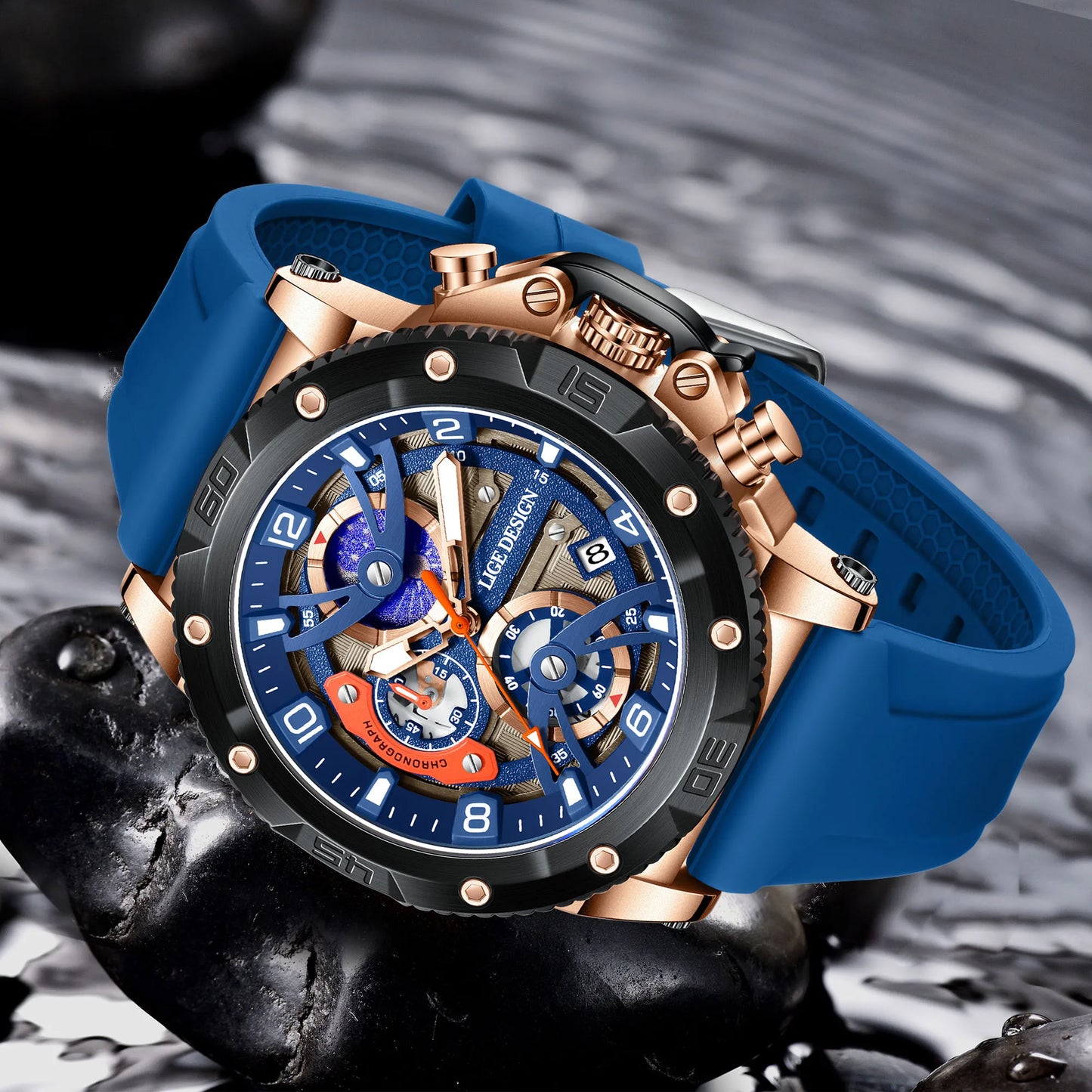 Montre Chronographe avec Bracelet en Silicone Bleu - Paradis des Montres