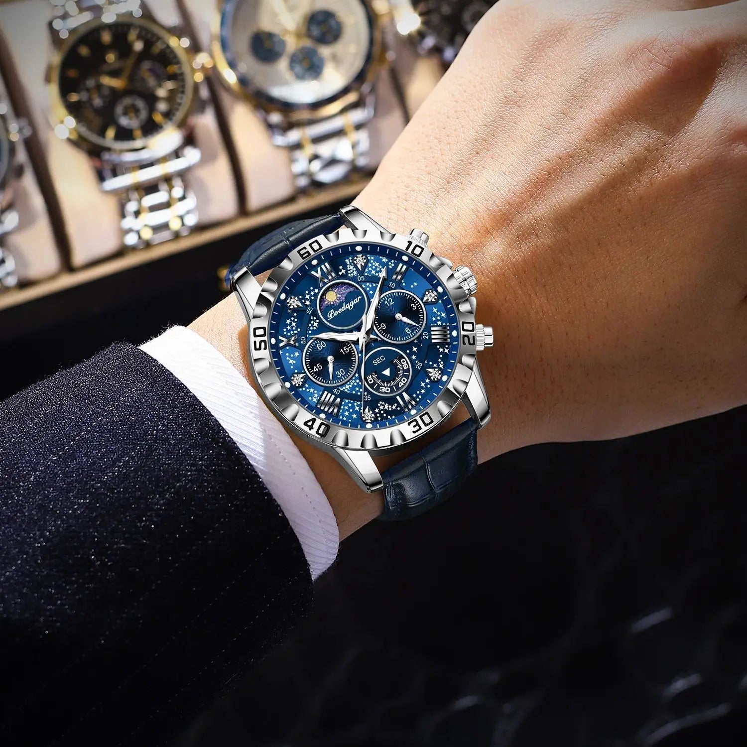 Montre Chronographe de Luxe en Cuir Bleu - Paradis des Montres