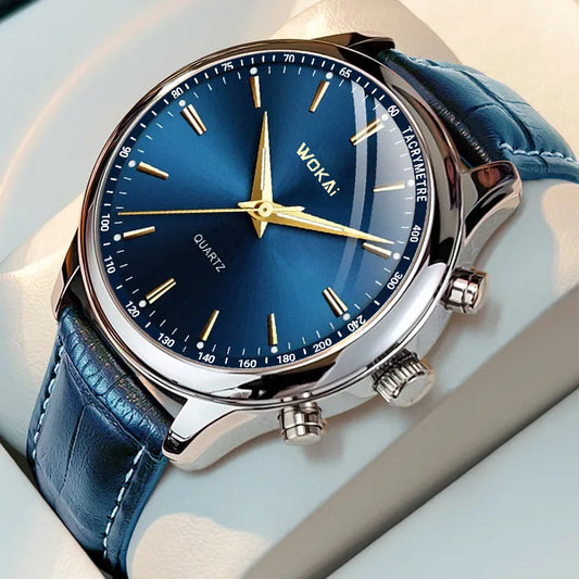 Montre Bleu avec Bracelet en Cuir Décontracté