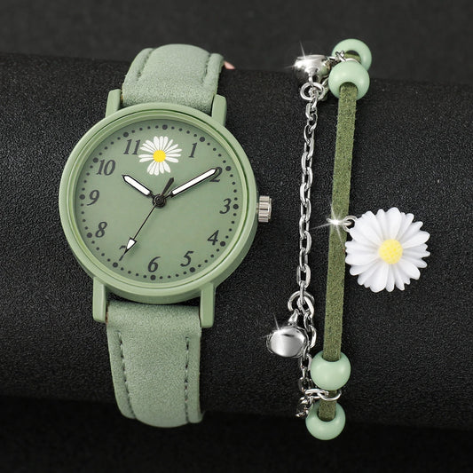 Ensemble Montre Verte en Cuir avec Bracelet Fleur