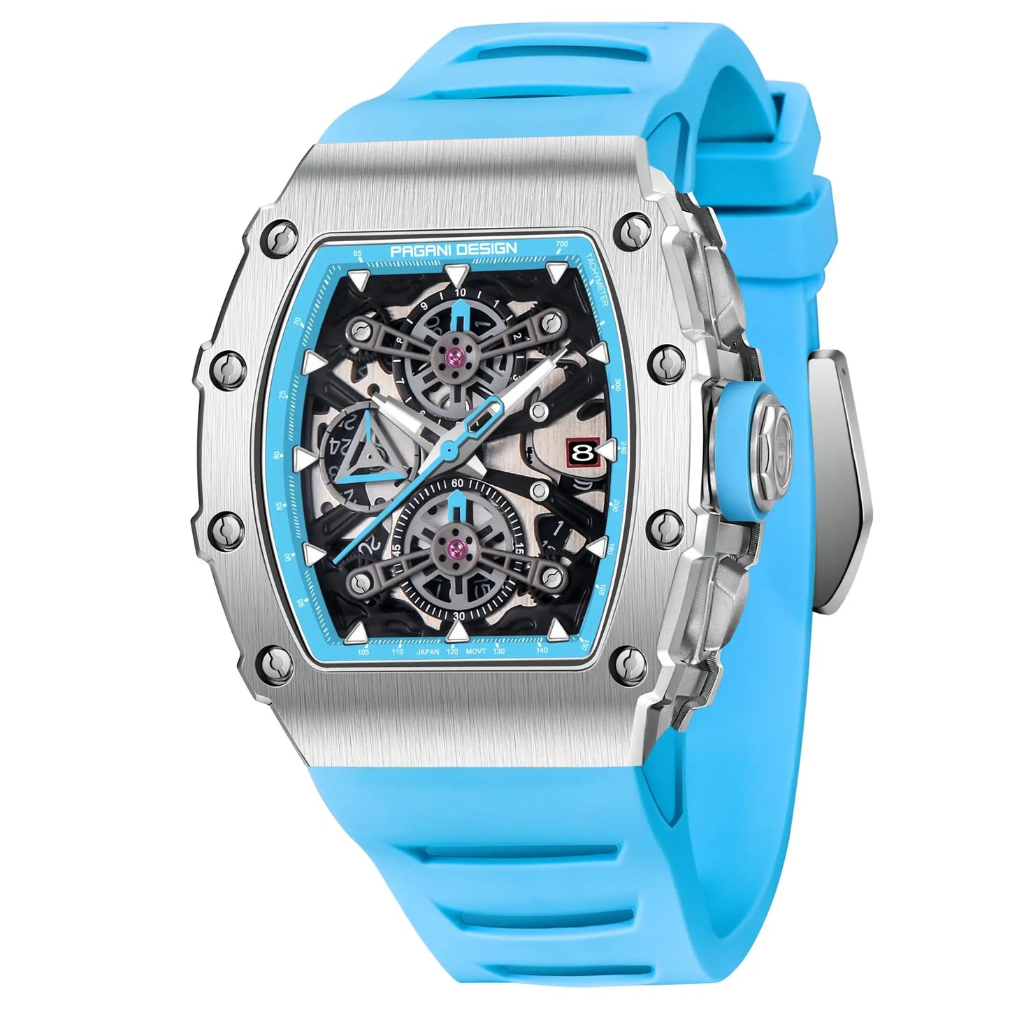 Montre Squelette avec Bracelet en Silicone Bleu