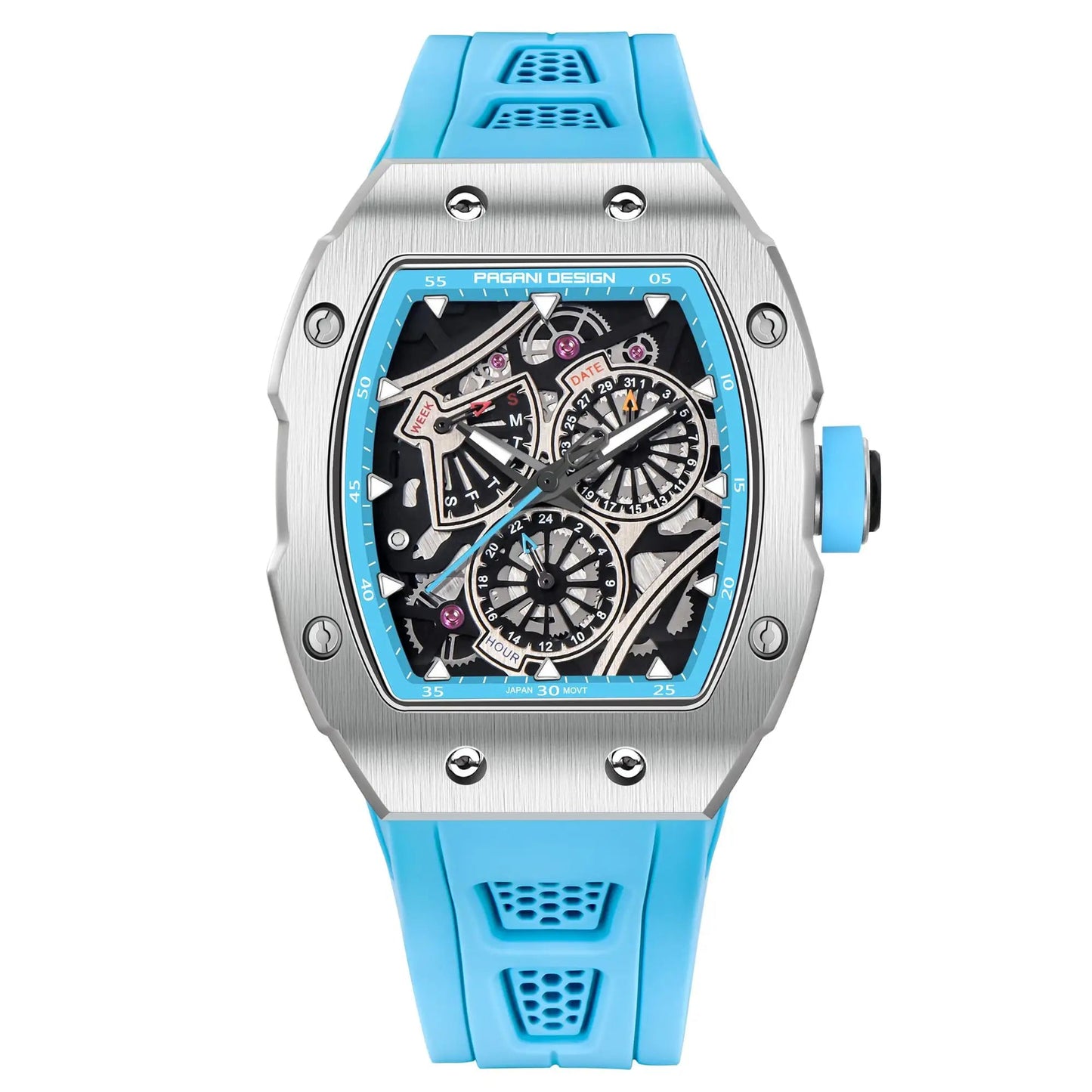 Montre Squelette avec Bracelet en Silicone Bleu